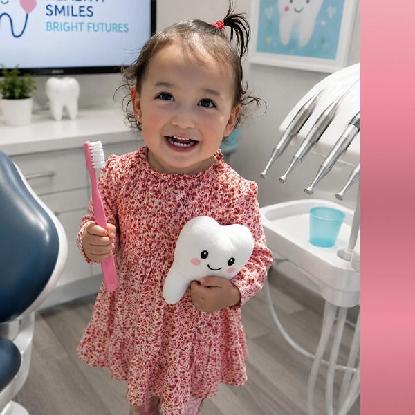 Little Girl With A Toothbrush And A Tooth Plushie